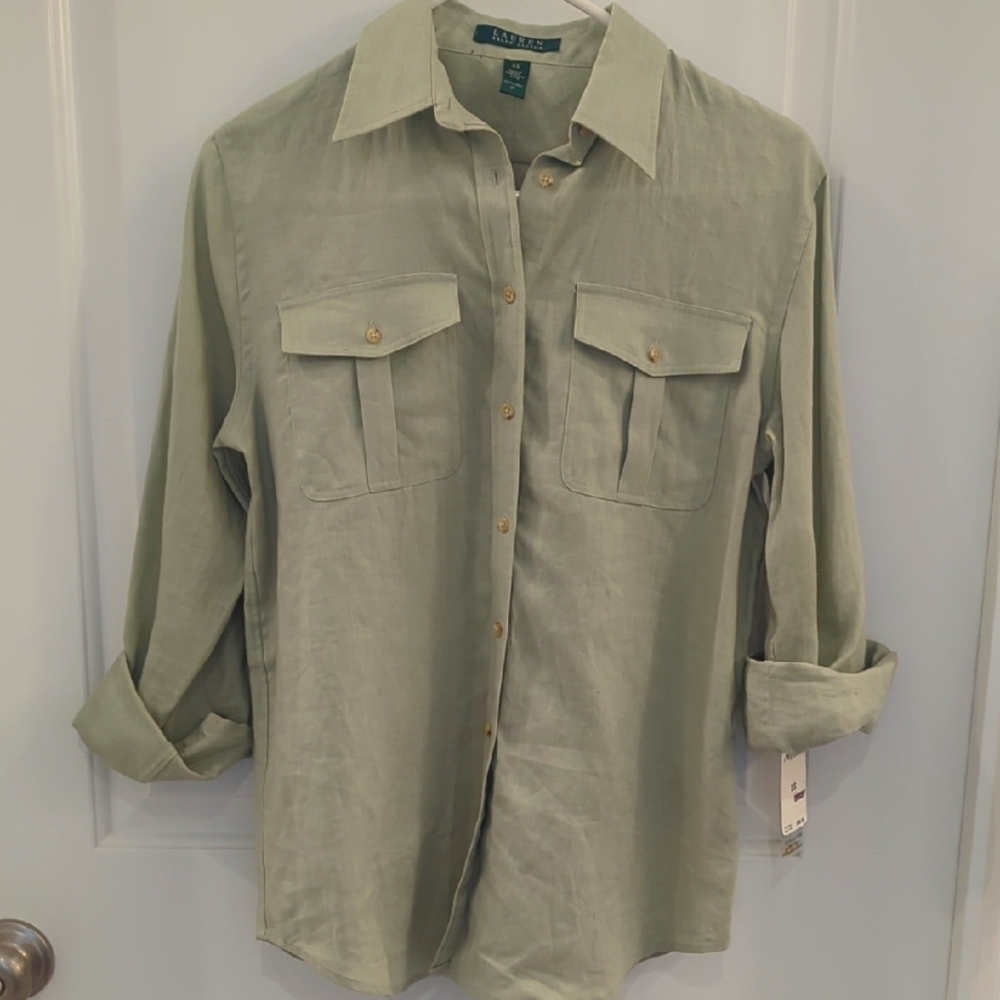 Ralph Lauren Morning Sage Casual Button-Down Linen Shirt With Front Pockets